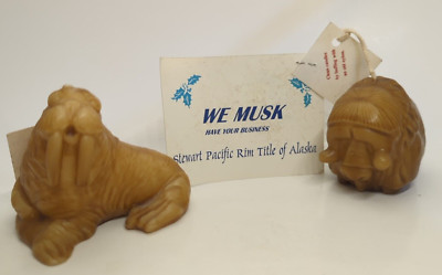 Vintage Hand Carved Candle 3'' Pair, Ox and Walrus, The Alaska Candle Factory