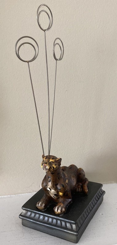 Leopard Cheetah Figurine Photo/Card Holder 3 Photo Wire Coils 10 1/2” Tall