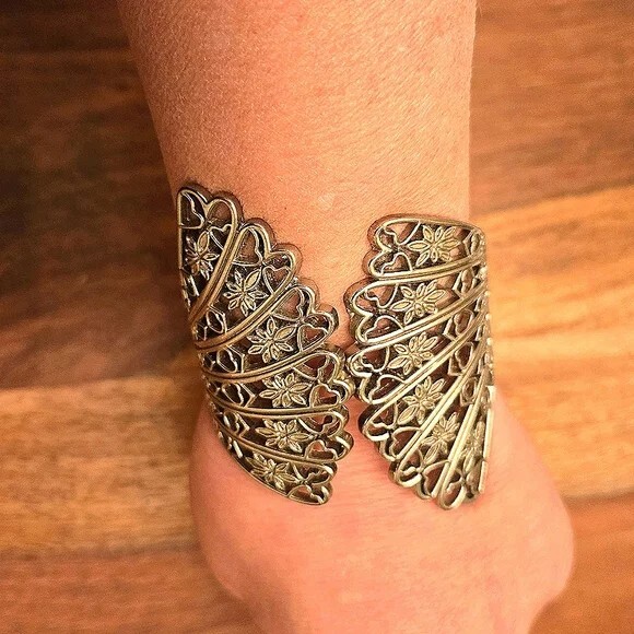 Silvertone Boho Cuff Spring Hinged Bracelet - image 2