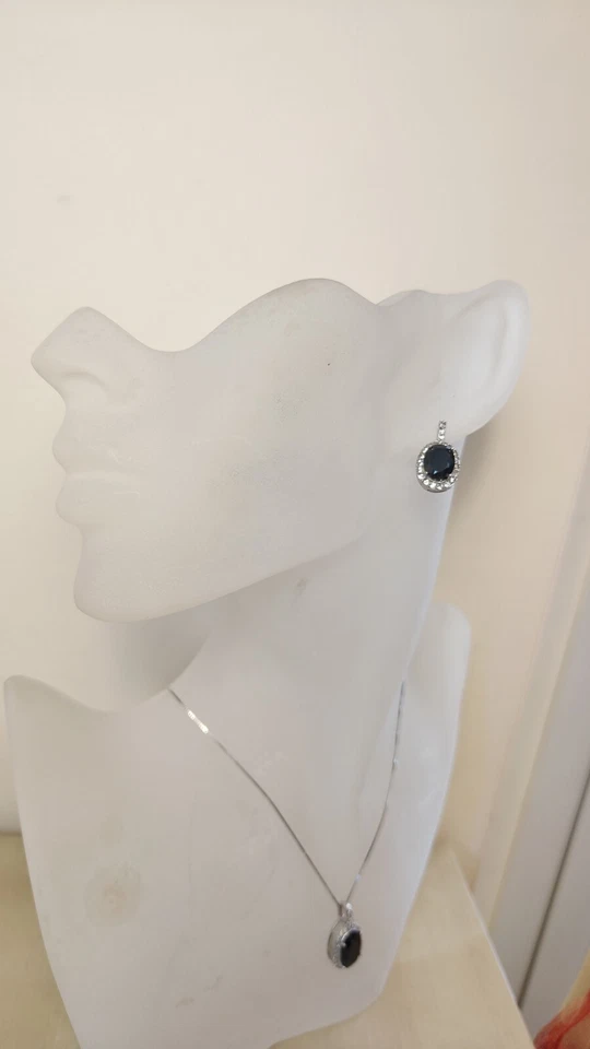 Parure Argento 925 Donna Orecchini Collana Pietre Dure Agata Nera Zirconi lucent - Immagine 3 di 4