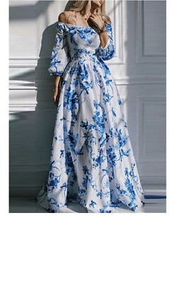 Blue and white floral print maxi long dress Dress S | eBay