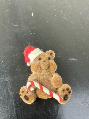 Holiday Flocked Miniature Holiday Teddy Bears Brown Christmas Pin Candy  Cane