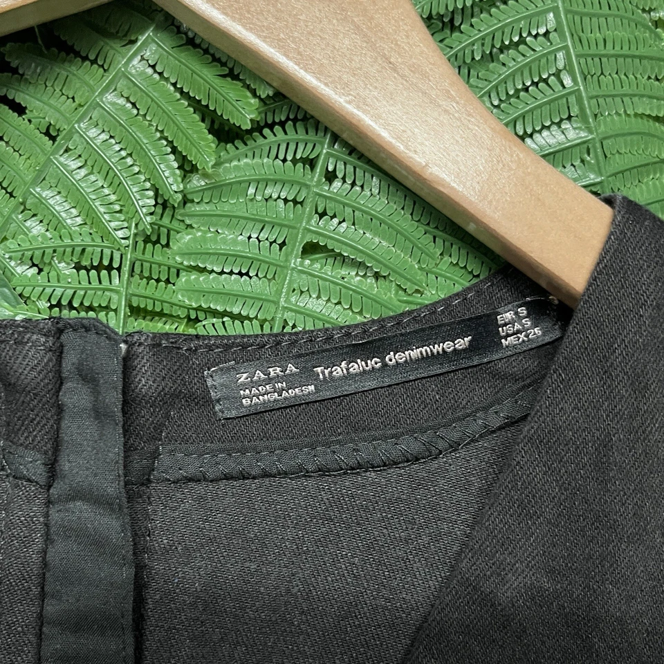 ZARA TRAFALUC Dress Women Small Black Denim Puff Sleeve Fringe Hem Jeans 2620 - Image 4 of 4