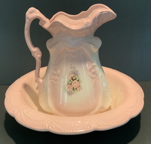 Ironstone Large Floral Pink Wash Basin and Pitcher Vintage - Picture 2 of 16