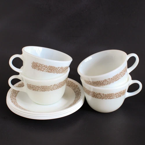 Pyrex White Milk Glass Set of 4 Woodland Coffee Cups and 4 Corelle Saucers 