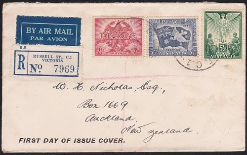 AUSTRALIA 1946 Peace set on commem FDC - registered to New Zealand.........D7428