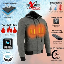 NEXGEN HEAT MENS BIKER FRONT BACK HOODIE HEATED GREY JACKET - USACU