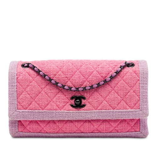 Chanel CC Quilted Tweed Accordion Flap Pre-Loved Shoulder Bag Pink