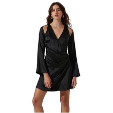 Astr Shoulder Cutout Long Sleeve Satin Mini Dress in Black Medium NWOT
