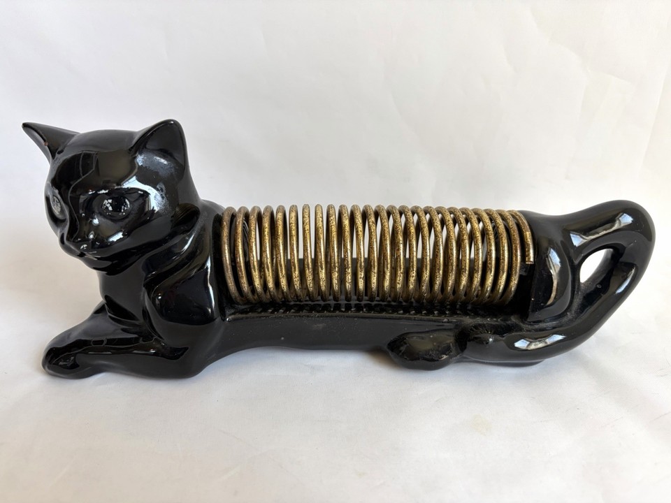 Vintage BLACK CAT Letter / Bill Holder | Ceramic Cat Desk Accessory w/Spring