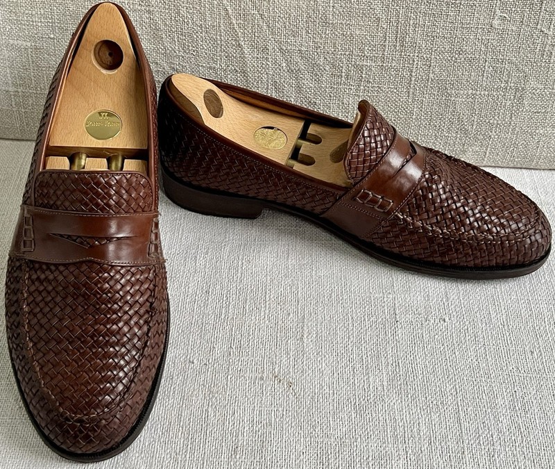 J Peterman Company Made in Italy Brown Woven Leather Penny Loafers US 10.5 M