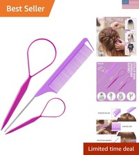 3-Pack Purple Hair Loop Tool Set - Braid Tools & Rat Tail Comb for Easy Styling