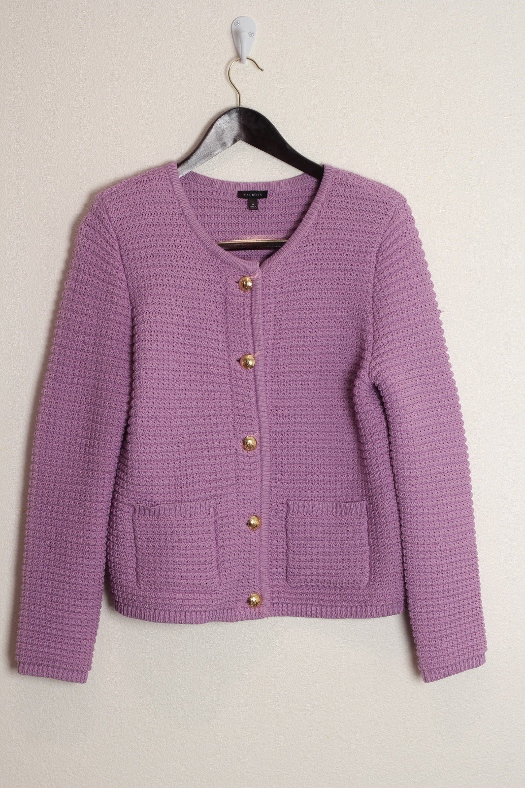 Talbots Kate Cardigan Women Size Medium Gold Buttons Lavender Purple w/Pockets