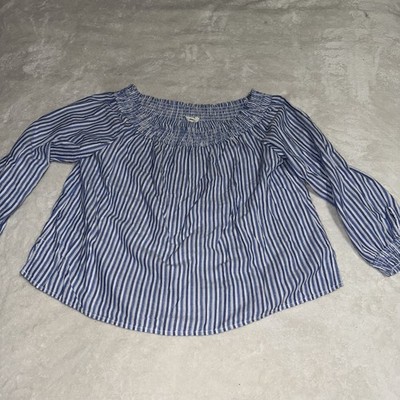 Women's Rag & Bone Top Drew Blue White Stripe Smocked Off Shoulder Size Large