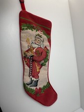 Vintage Wool Embroidered Christmas Stocking Santa With Toys 20 In Repair Loop