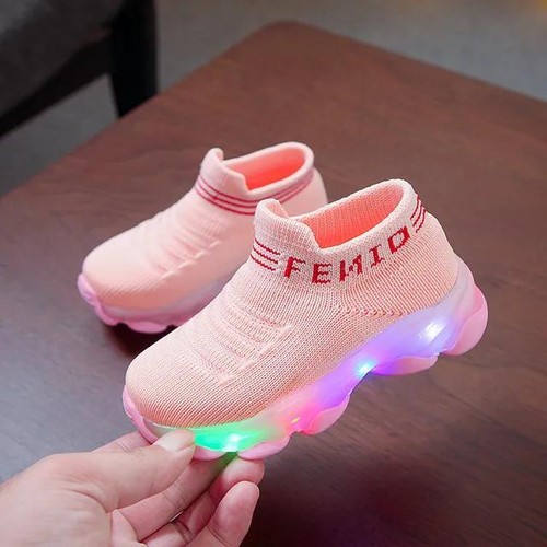 Kids Sneakers Children Baby Girls Boys Letter Mesh LED Luminous Socks Sport Run - Picture 15 of 16