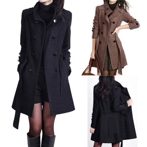 Women Winter Warm Double Breasted Pea Coat Winter Mid-Long Trench Coat with Belt