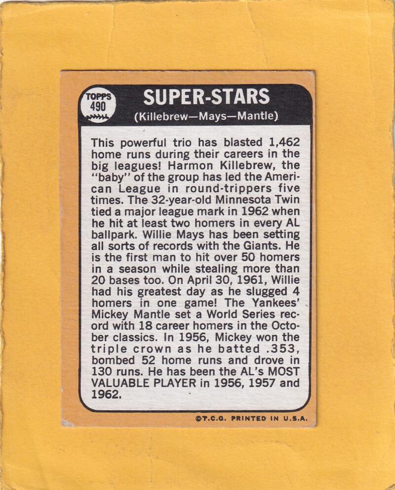 1968 Topps #490 Harmon Killebrew/Willie Mays/Mickey Mantle VG/EX
