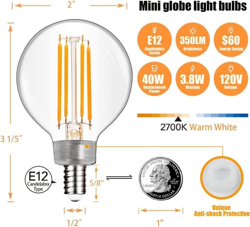 Dimmable 12-Pack E12 LED Globe Bulbs 3.8W Equivalent 40W Warm White Candelabra - Picture 4 of 8