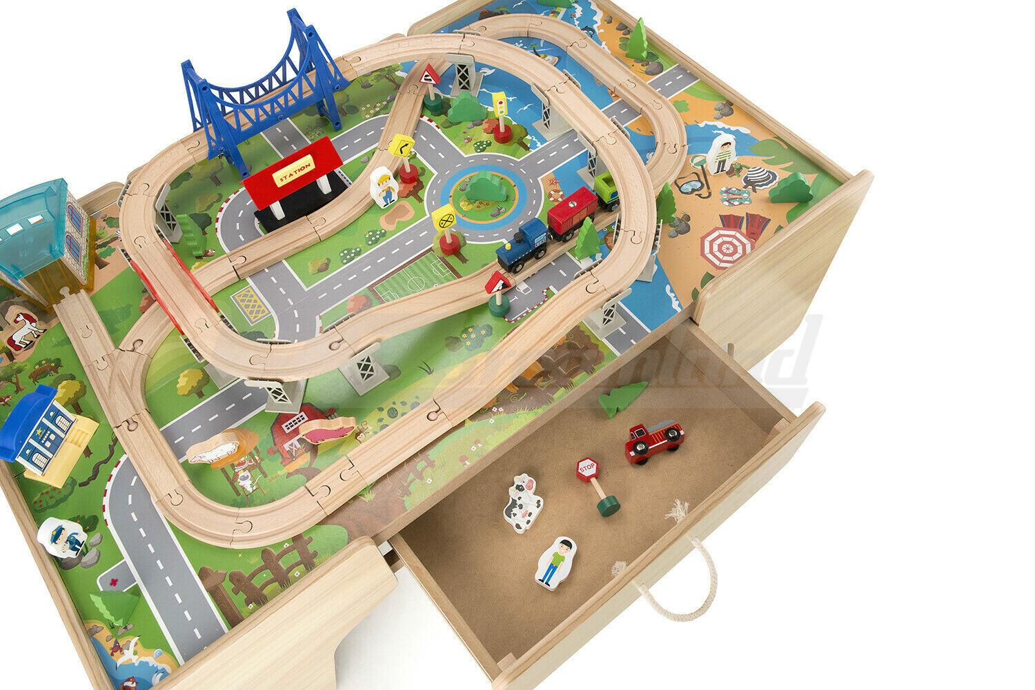 Kids Wooden Train Railway Activity Track Set Play Table with Storage Drawer 80PC