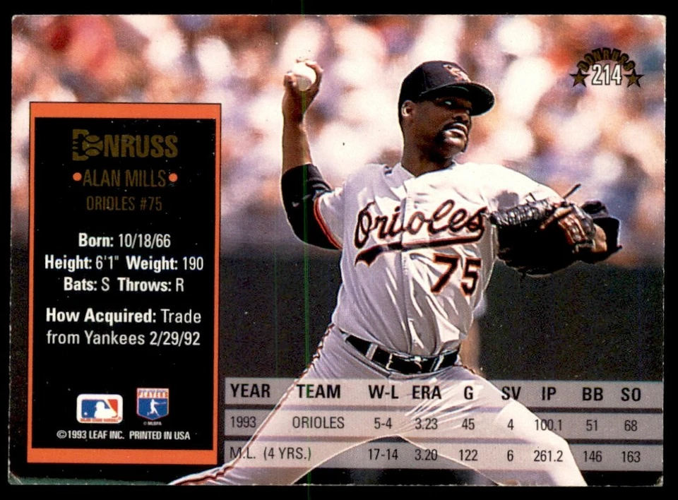 1994 Donruss Alan Mills Baltimore Orioles #214 - Image 2 of 2