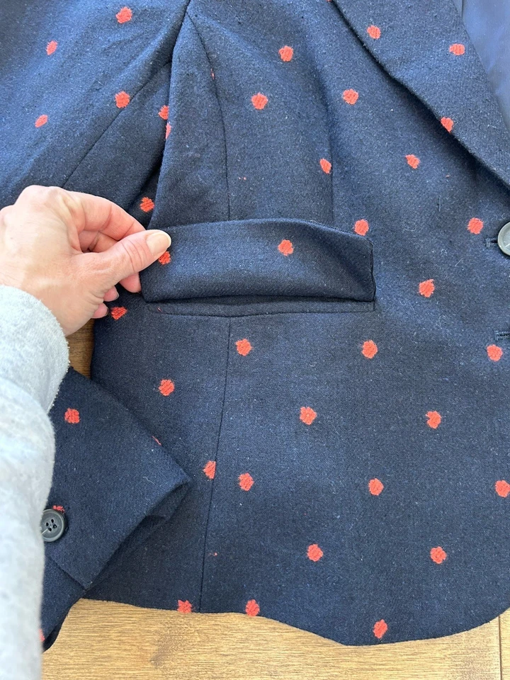 ModCloth Wool Blend Navy Blue Polka Dot Notched Blazer Twee Women’s XL - Image 4 of 4