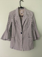 Cabi Womens 4 Navy White Ticking Stripe Bell-Sleeve Blazer Style 5295
