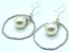 Earrings Silver Tone Hoops with Faux Pearl Drop.  Earring 2" Drop