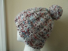 Hand knitted elegant warm pom pom beanie/hat, white with color accents