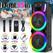 Dual 15" Bluetooth Speaker Rechargable Woofer Heavy Bass TWS FM Party Karaok LED
