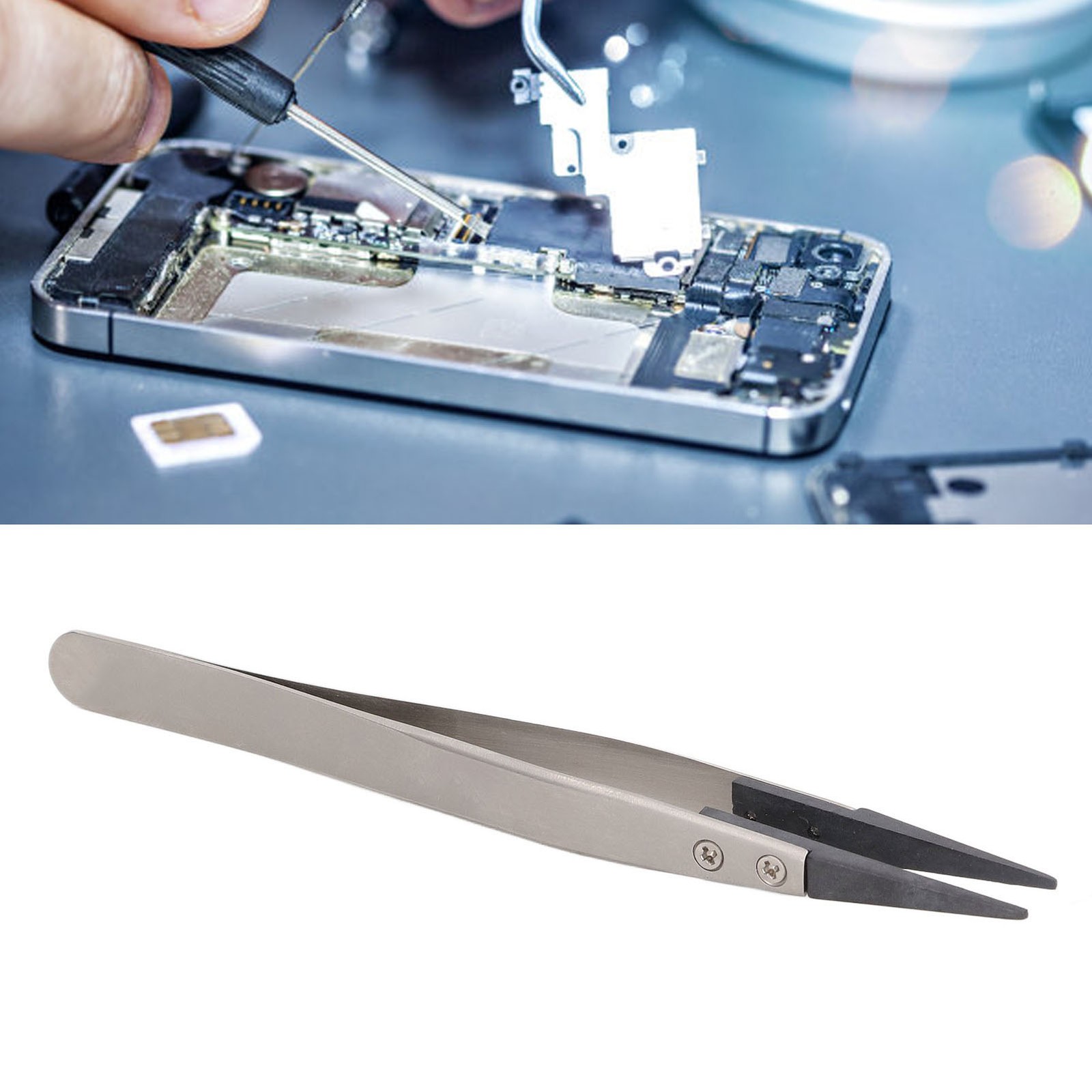 Electrician Tweezers Curved Flat Interchangeable Tip Antistatic Fixture For
