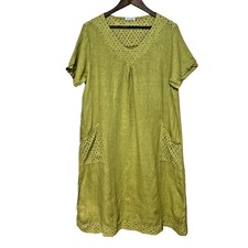 Italian Linen Chartreuse Green Shift Dress Eyelet Pockets Lagenlook Coastal  16