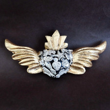 Milagros Sacred Heart Wings Wood Black Gold Leaf Handmade Mexico Folk Art Wall