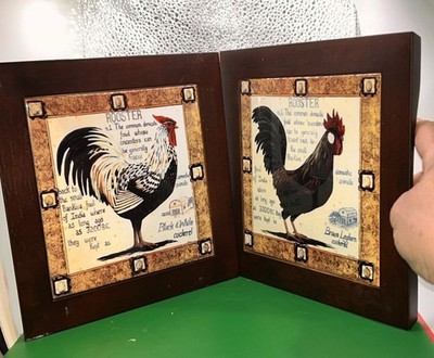 2 ROOSTER 6  TILES on 8'' Brown Wood Trivets. Brown Leghorn&Black/White. McKinley