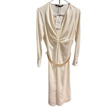 ZARA Cream Ruched V Neck Long Sleeve Midi Dress with Chain and polka dot belt XS