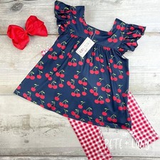 Pete Lucy Girls Pants Set 4T Cherry Pie Cutie Blue Red Cap Sleeve New