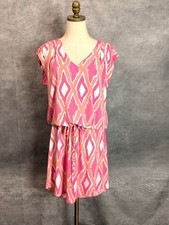 Tori Richard Honolulu Drop Waist Dress L Pink Orange Geometric Ikat Resort Wear