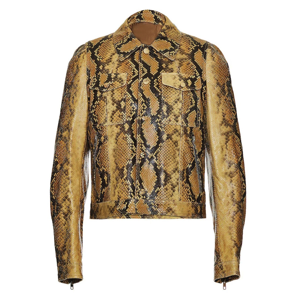Mens Yellow Snakeskin Leather Jacket Python Print Trucker Biker