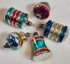 Lot of 5 Vintage SHINY BRITE + PREMIER Christmas Ornaments Bells, Atomic Shapes