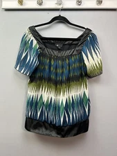 AB Studio Shirt Womens Large Ikat Print Short Sleeve Satin Trim Top