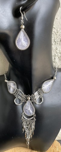 White Dream Catcher Silk Thread Necklace Earrings Set Peruvian Handmade Peru