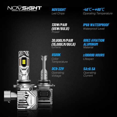 NOVSIGHT 9005 + 9006 LED Headlight Bulbs Kit Hi/Low Beam 30000LM 130W 6500K 4PCS - Picture 9 of 19