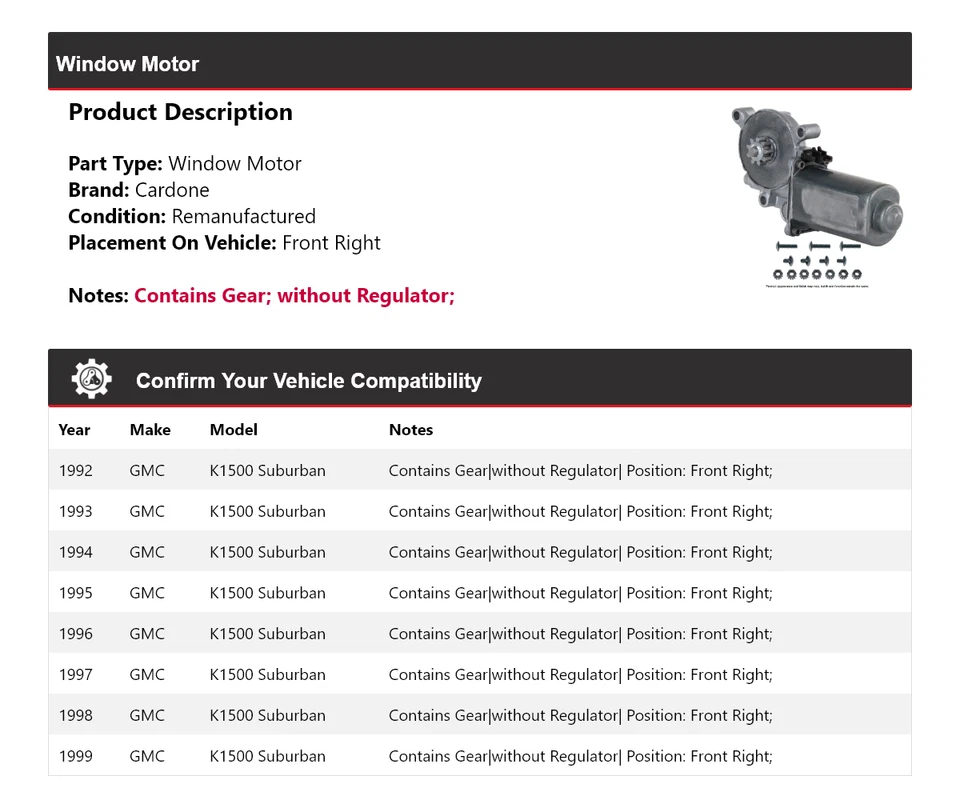Для 1992-1999 GMC K1500 пригородный оконный мотор передний правый кардон 1993 1994 1995 - Изображение 2 из 4