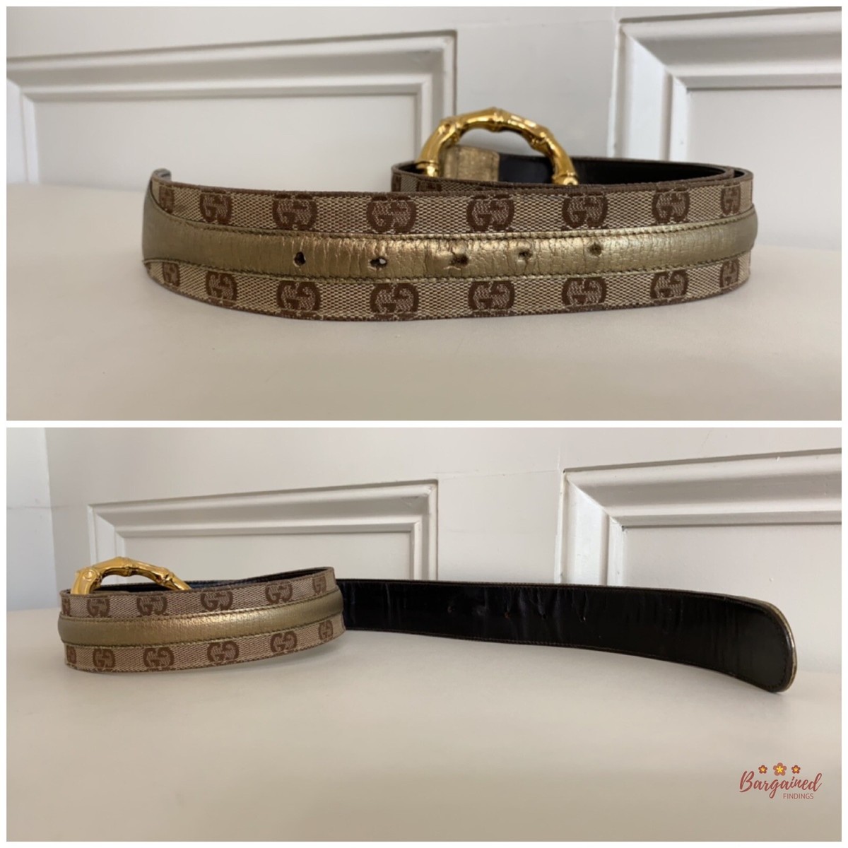 Auth Gucci Monogram Canvas Gold Metallic Leather Bamboo
