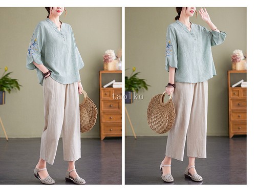 Women 3/4 Sleeve T Shirt Floral Embroidery Cotton Linen Blend Top Loose Fit Thin - Picture 9 of 27