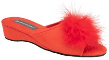Ladies Womens Wedge Slippers Dunlop Feather Pom Pom Faux Suede Mules Heel Red