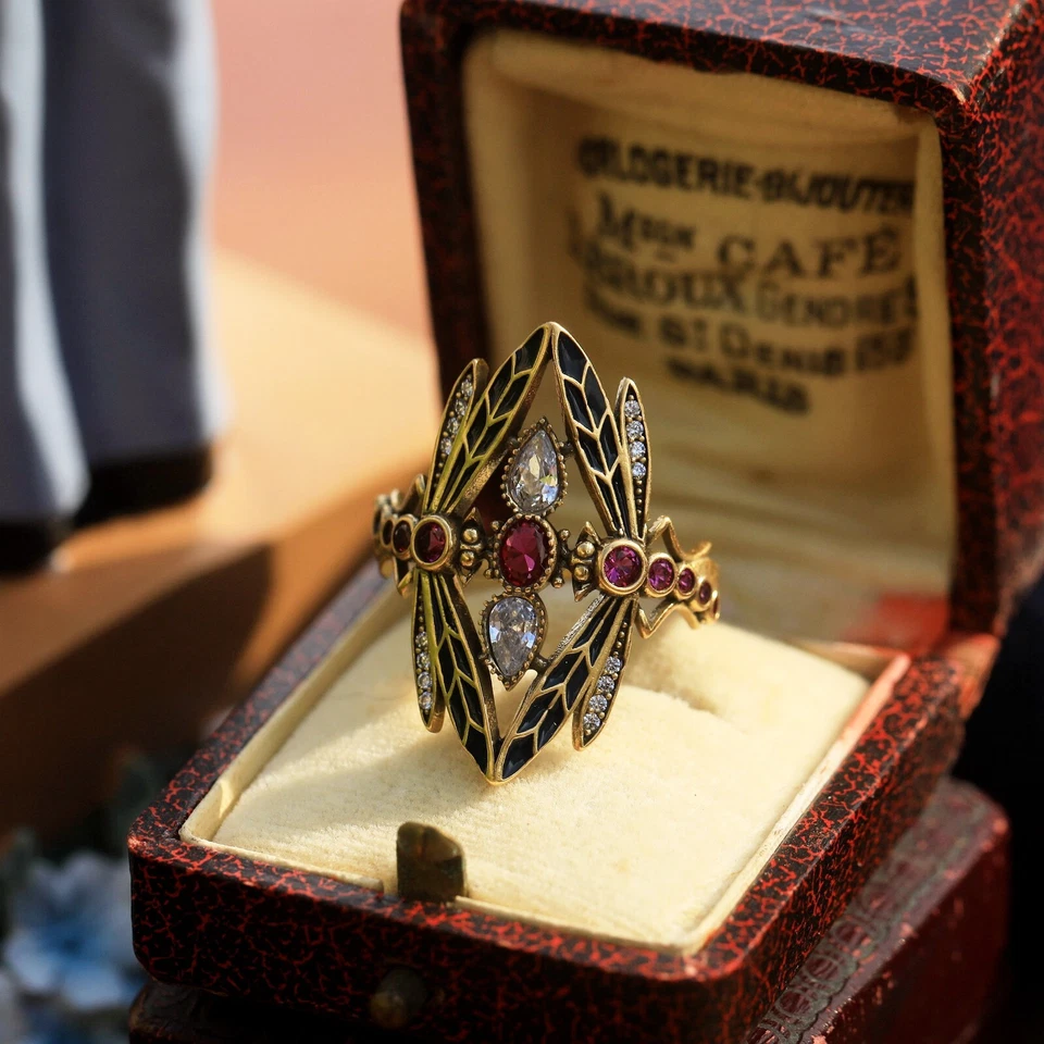 Antike Verstellbare Emaille Ring Art Nouveau Libelle Blau CZ Rot Weiß SB51 - Bild 1 von 4