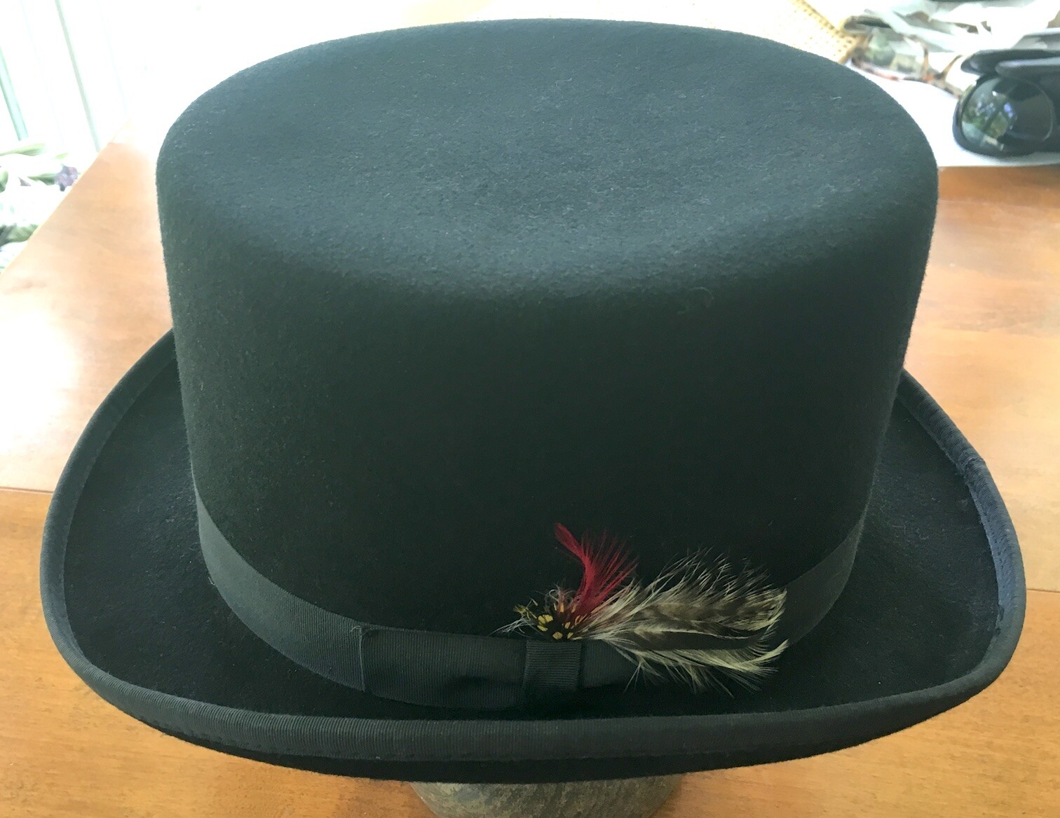 NEW YORK HAT CO. Coachman Black Wool Top Hat w/ Feathers, Large, 23 1/2"