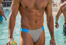 New Mens Sexy High Cut Herringbone Hang Free Pouch Bikini Swim Brief w/Pouch-Gay