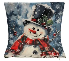 Snowman Whimsical Christmas Linen Throw Pillow Cover Winter Holiday Home Decor